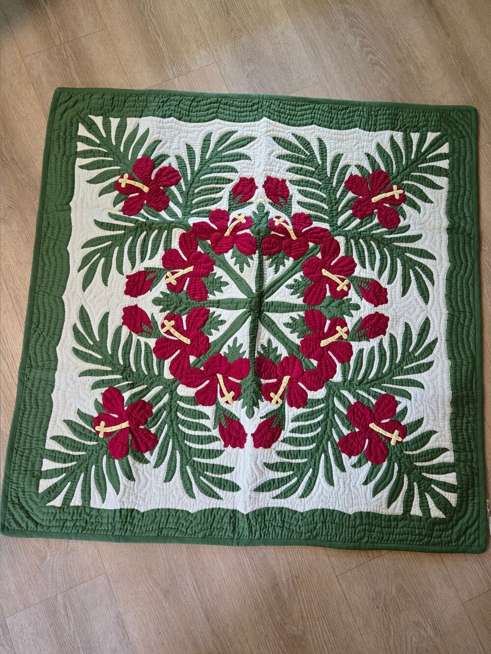 Handmade Hawaiian Floral Quilt - Green, Red & Cream